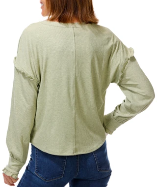 Thumbnail 2: BUNULU Women's Long Sleeve Ruffle Trim Ribbed Top 