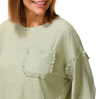 Thumbnail 3: BUNULU Women's Long Sleeve Ruffle Trim Ribbed Top 