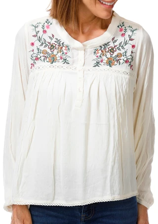 Thumbnail 1: Coral Bay Women's Petite Long Sleeve Embroidered Top  