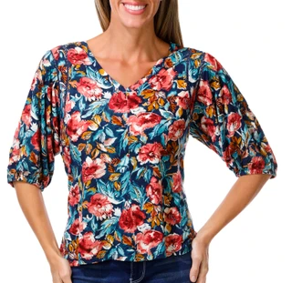 Thumbnail 1: Coral Bay Women's Puff Sleeve V Neck Top 