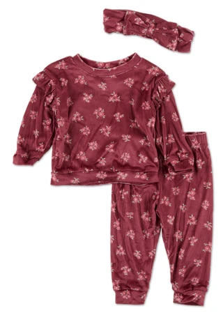 Thumbnail 1: FLORAL THREADS Baby Girls 3 Pc Floral Velour Pants Set with Headband 