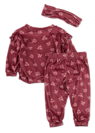 Thumbnail 2: FLORAL THREADS Baby Girls 3 Pc Floral Velour Pants Set with Headband 