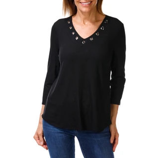 Thumbnail 1: RIO & RIAN Women's 3/4 Sleeve V-Neck Grommet Top 