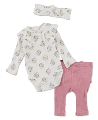 Thumbnail 1: Catherine Malandrino Baby Girls 3 Pc Ruffled Bodysuit, Pants & Headband Set 