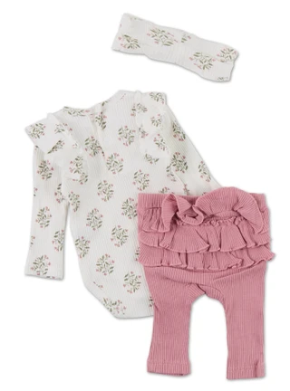 Thumbnail 2: Catherine Malandrino Baby Girls 3 Pc Ruffled Bodysuit, Pants & Headband Set 