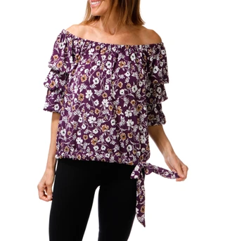 Thumbnail 1: Good Days Only Women's Rouche Sleeve Tie Hem Printed Blouse 