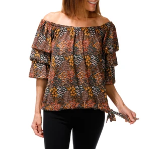 Thumbnail 1: Good Days Only Women's Rouche Sleeve Tie Hem Printed Blouse 
