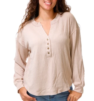 Thumbnail 1: J.O.A Junior's Long Sleeve Ribbed Henley Top 