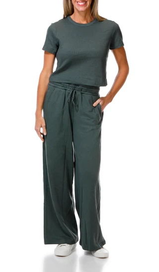 Thumbnail 1: HARMONY & BALANCE Women's 2 Pc Ribbed Tee Wide Leg Pant Set 