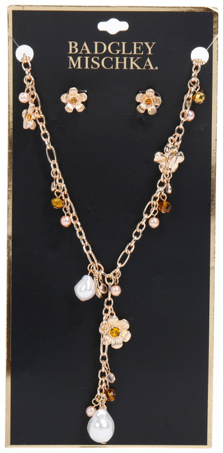 Thumbnail 1: BADGLEY MISCHKA Gold Flower Pearl Necklace 