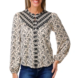 Thumbnail 1: BOBEAU Women's Petite Long Sleeve Casual Button Up Print Top 