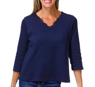 Thumbnail 1: Coral Bay Women's Petite 3/4 Sleeve Lace Trim V-Neck Top 