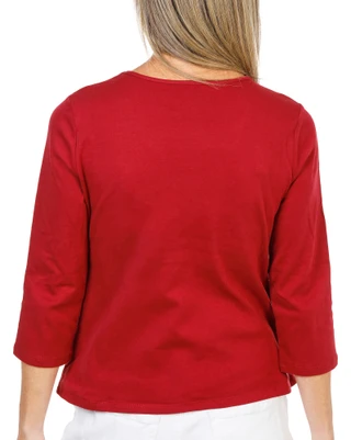 Thumbnail 2: Coral Bay Women's Petite 3/4 Sleeve Lace Trim V-Neck Top 