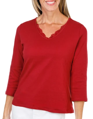 Thumbnail 1: Coral Bay Women's Petite 3/4 Sleeve Lace Trim V-Neck Top 