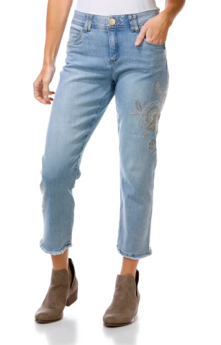 Thumbnail 1: Democracy Women's Petite Slim Straight Floral Embroidered Jeans  