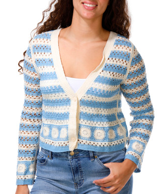 Thumbnail 1: REBELLION Junior's Long Sleeve Striped Crochet Button Cardigan 
