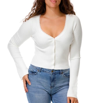 Thumbnail 1: Derek Heart Junior's Long Sleeve Lace Ribbed Button Down Cardigan 