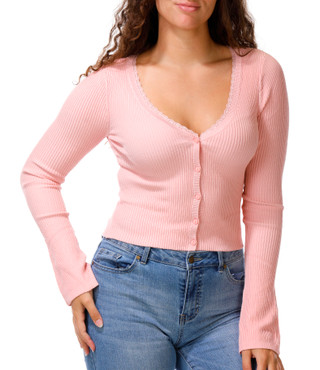 Thumbnail 1: Derek Heart Junior's Long Sleeve Lace Ribbed Button Down Cardigan 