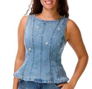Thumbnail 1: Steve Madden Junior's Sleeveless Denim Pearls Zip Front Top 