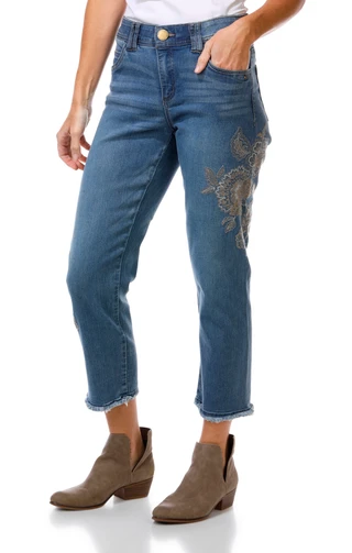 Thumbnail 1: Democracy Women's Petite Slim Straight Floral Embroidered Jeans  