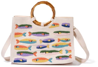 Thumbnail 1: SOL AND MER Beaded Sardines Tote Bag with Bamboo Handle 