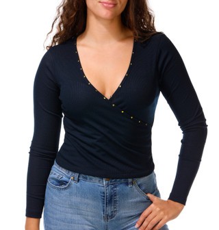 Thumbnail 1: No Comment Junior's Long Sleeve Studded V Neck Top 