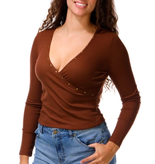 Thumbnail 1: No Comment Junior's Long Sleeve Studded V Neck Top 