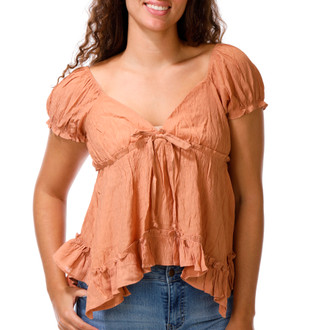 Thumbnail 1: LILY STAR Junior's Short Sleeve Boho Tie Front Peplum Top 