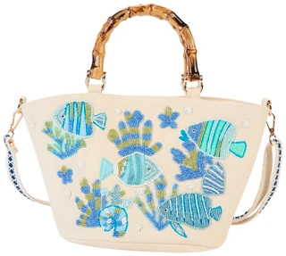 Thumbnail 1: SOL AND MER Beaded Sea Life Canvas Tote Bag with Bamboo Handles 