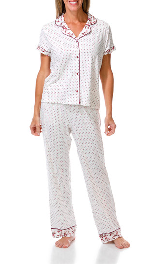 Thumbnail 1: Laura Ashley Women's Short Sleeve Dot Print Satin Piping Pant Sleep Set  