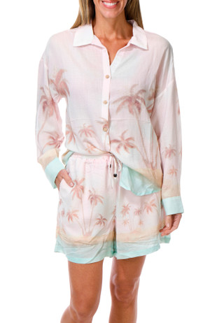 Thumbnail 3: Taelynn Women's Long Sleeve Linen Palm Scene Button Up Top 