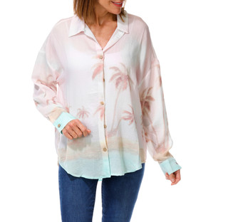 Thumbnail 1: Taelynn Women's Long Sleeve Linen Palm Scene Button Up Top 
