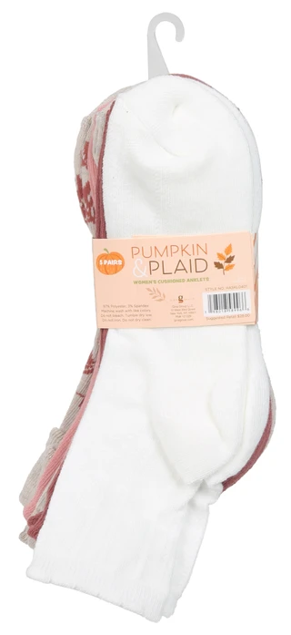 Thumbnail 2: Women's 5 Pk Harvest Pumpkin & Plaid Cushioned Anklet Socks 