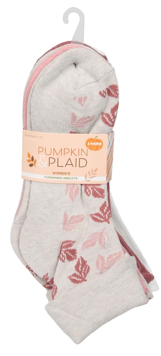 Thumbnail 1: Women's 5 Pk Harvest Pumpkin & Plaid Cushioned Anklet Socks 