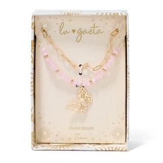 Thumbnail 1: LU GAETA 2 Pc Gold Chain & Beaded Butterfly Charm Necklace 