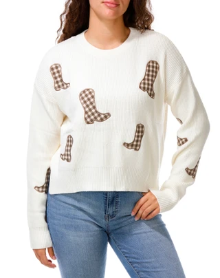 Thumbnail 1: Riley & Rae Juniors Long Sleeve Gingham Cowboy Boot Sweater 