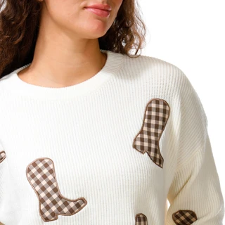 Thumbnail 3: Riley & Rae Juniors Long Sleeve Gingham Cowboy Boot Sweater 