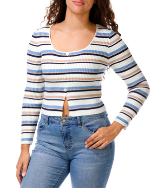 Thumbnail 1: Ragged Rose Juniors Striped Scoop Neck Heart Button Sweater 