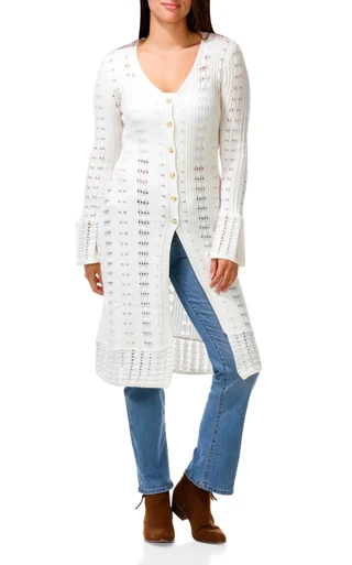 Thumbnail 1: No Comment Juniors' Long Sleeve Pointelle Button Up Duster Cardigan  