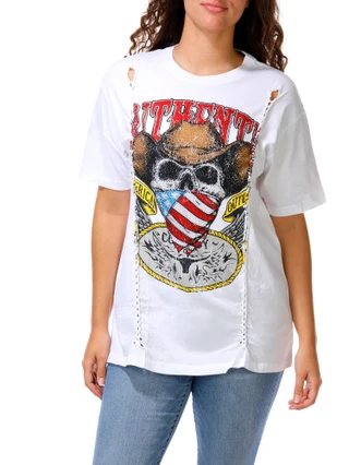 Thumbnail 1: Vintage threadz Juniors Rhinestone Braided Front Cowboy Skull Graphic Tee 