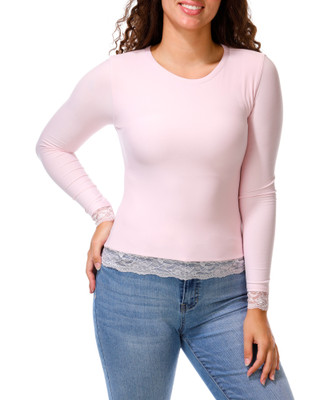 Thumbnail 1: Derek Heart Juniors Long Sleeve Lace Trim Crew Neck Top 