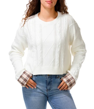 Thumbnail 1: Riley & Rae Juniors Long Sleeve Plaid Cuff Cable Knit Sweater 