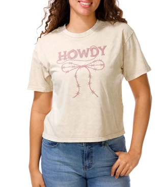 Thumbnail 1: Organic Generation Juniors Howdy Barb Wire Bow Graphic Crop Tee 