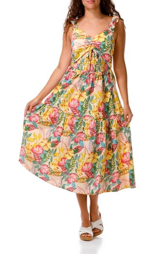 Thumbnail 1: ROXY Junior's Tropical Cinch Tiered Poplin Maxi Dress 