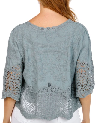 Thumbnail 2: Democracy Women's Scalloped V-Neck Daisy Motif Crochet Top 