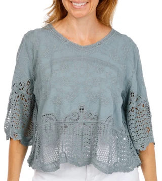 Thumbnail 1: Democracy Women's Scalloped V-Neck Daisy Motif Crochet Top 