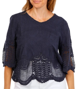 Thumbnail 1: Democracy Women's Scalloped V-Neck Daisy Motif Crochet Top 