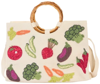 Thumbnail 1: SOL AND MER Beaded Mixed Veggies Tote Bag with Bamboo Handles 