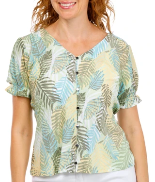 Thumbnail 1: Coral Bay Petite Short Sleeve Button Foil Top 
