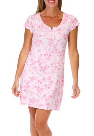 Thumbnail 1: Laura Ashley Women's Pink Bows Ribbed Short Sleeve Henley Sleepshirt 